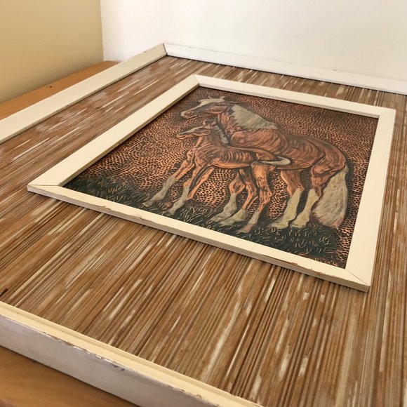 Horse w/ Foal Western Farm Embossed Copper Framed Picture Repousse 16x19 Signed - Picture 8 of 9